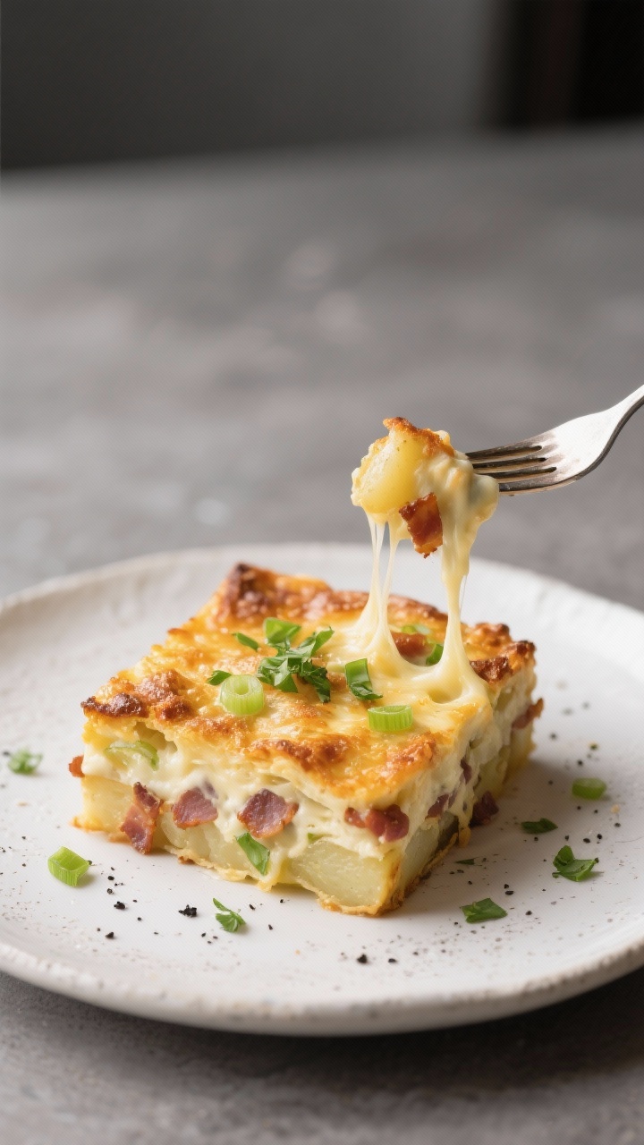 Final dish presentation: Restaurant-quality serving of the baked potato casserole plated as a neat s