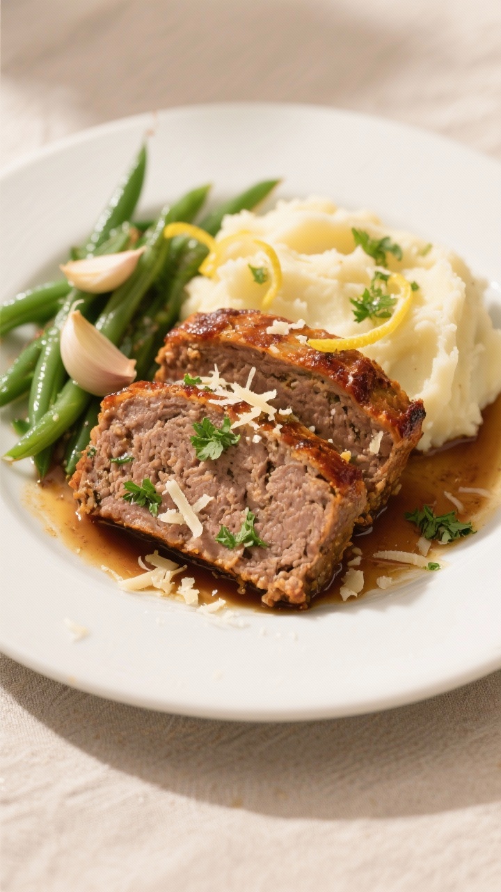 Final dish presentation: Restaurant-style plating of two 1-inch slices of baked Italian meatloaf on 