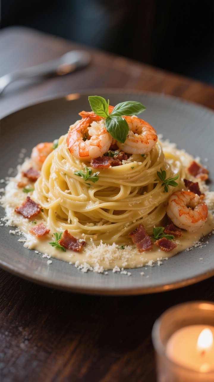 Final dish presentation: Romantic date-night plating of creamy garlic Parmesan fettuccine twirled in