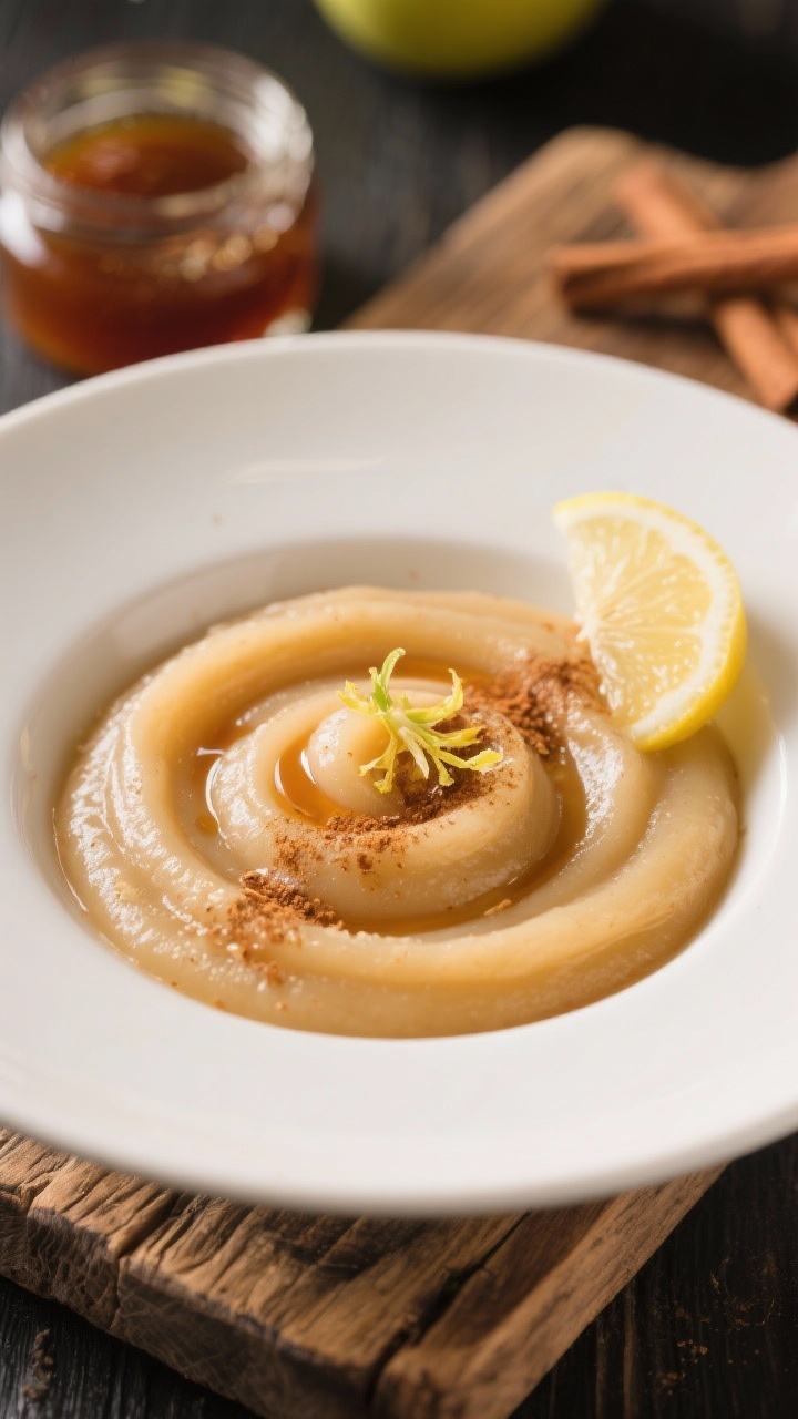 Final dish presentation: Silky-smooth applesauce swirled into a low white bowl, finished with a driz