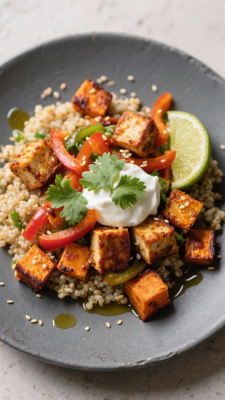 Final dish presentation: Southwest Sweet Potato Tofu plate—quinoa topped with roasted sweet potato