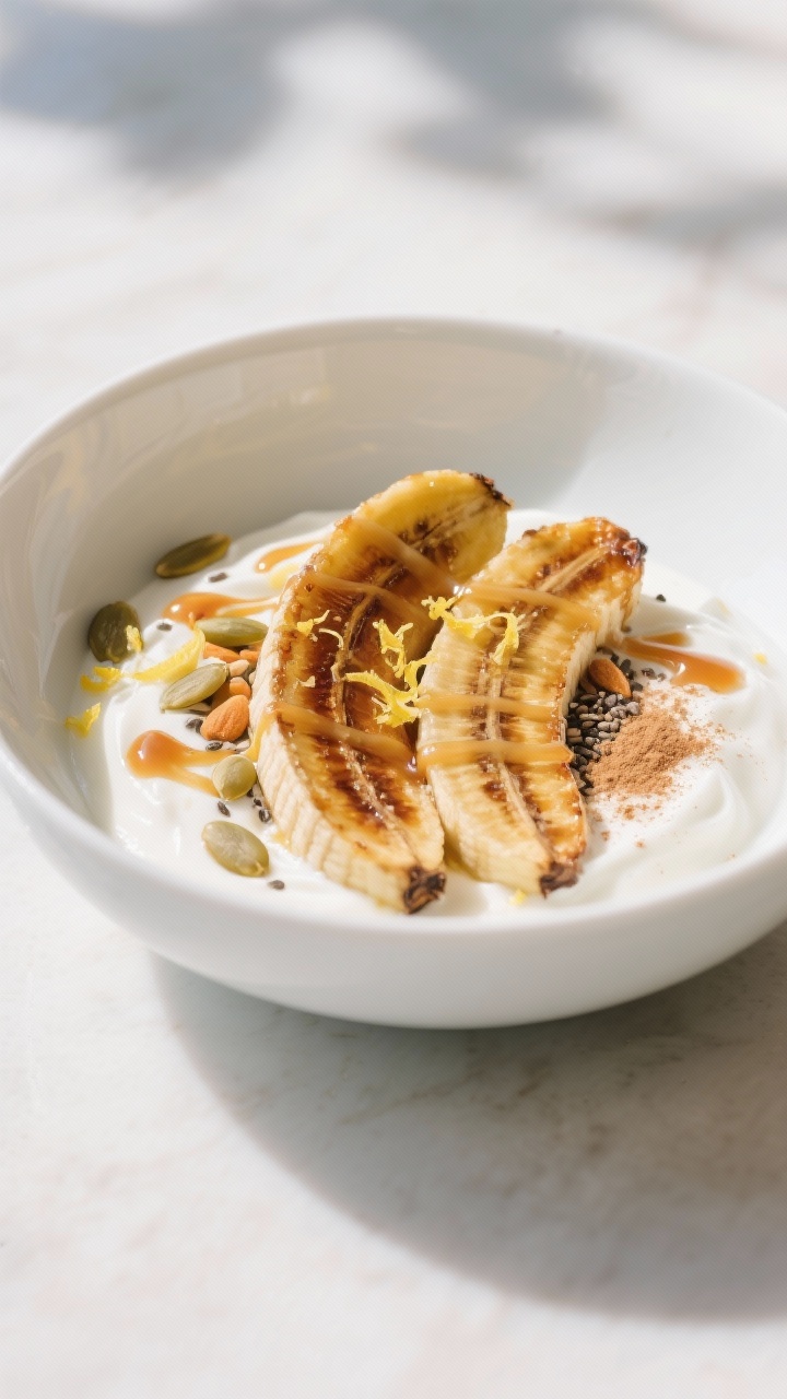 Final dish presentation: Split-lengthwise caramelized bananas arranged over thick Greek yogurt in a 