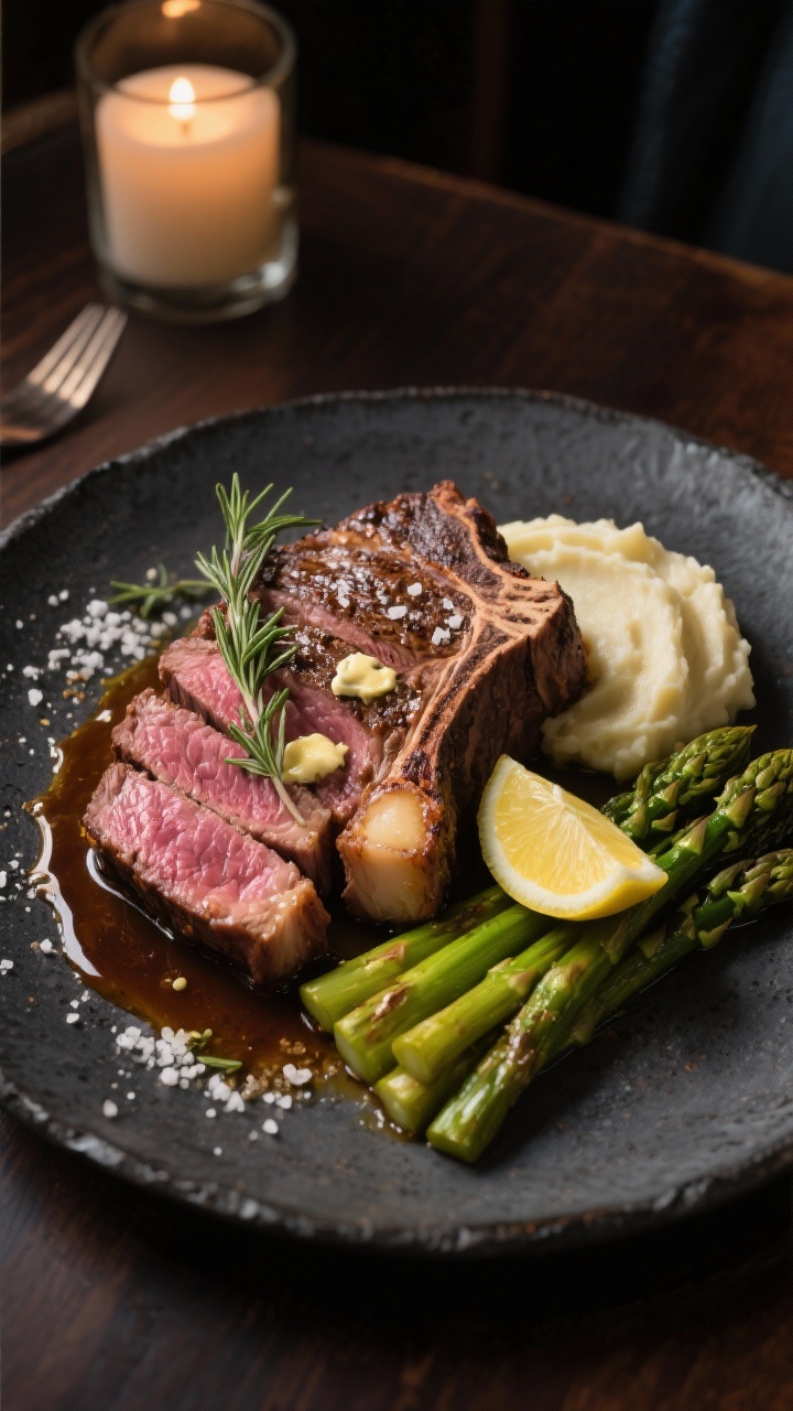 Final dish presentation: Steakhouse-style ribeye dinner plated for date night—sliced ribeye fanned