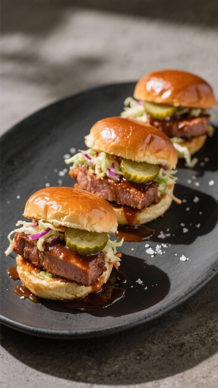 Final dish presentation: Three assembled BBQ pork tenderloin sliders on a matte charcoal plate, over