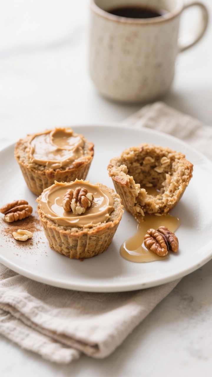 Final dish presentation: Three banana oat cups plated café-style on a matte white plate with a gene