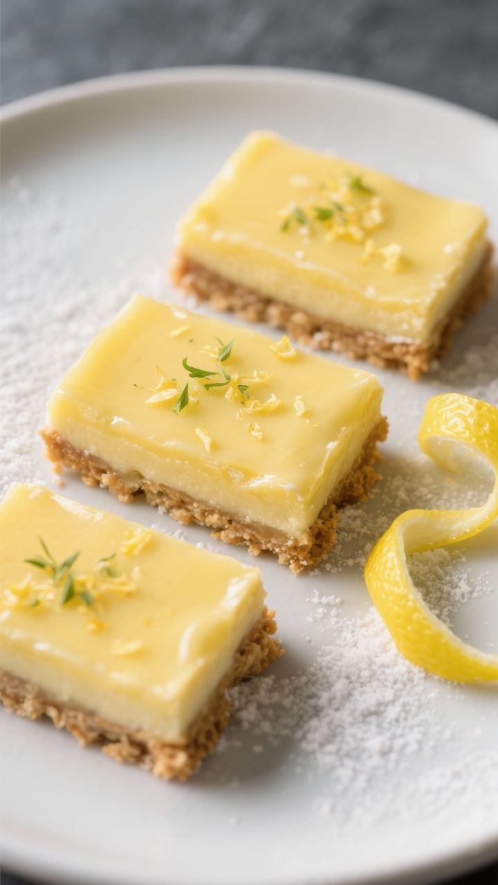 Final dish presentation: Three perfectly sliced keto lemon bar squares on a matte white plate, sharp