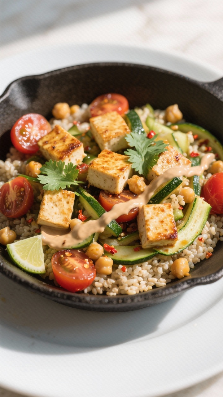 Final dish presentation: Tofu–chickpea veggie skillet plated over fluffy quinoa—golden seared to