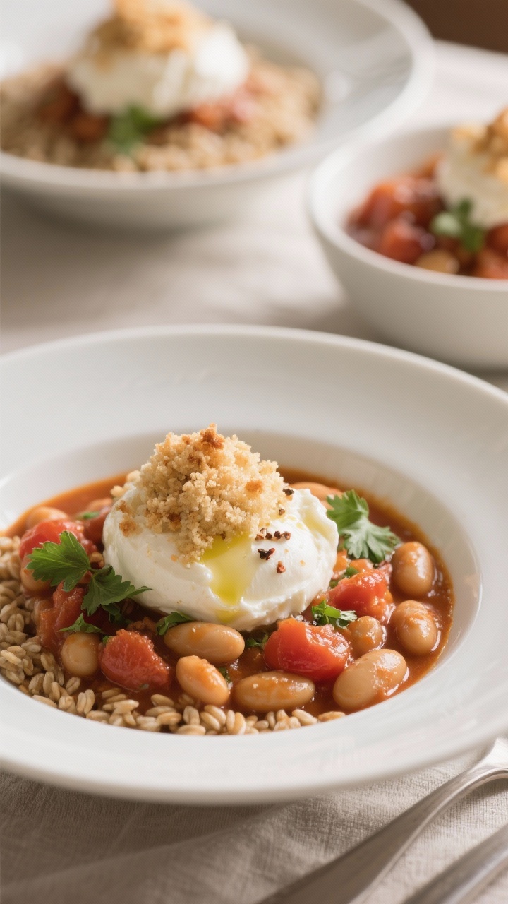 Final dish presentation: Tomato-Bean “Cassoulet” Bowls plated restaurant-style, three-quarter an