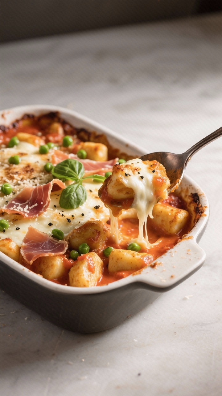 Final dish presentation: Tomato Vodka Baked Gnocchi—three-quarter angle of a small baking dish wit