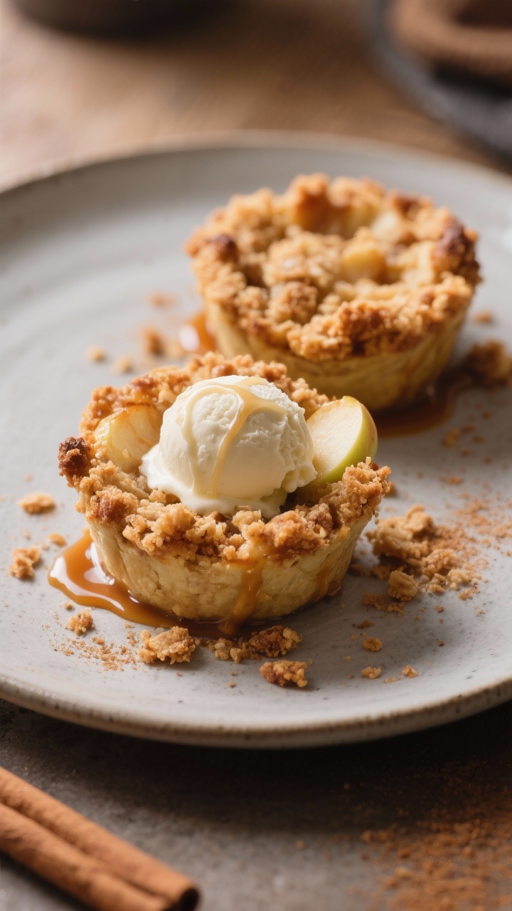 Leftover Apple Crisp Cups for Quick Desserts: The 10-Minute Treat That Saves Sad Apples (and Your Sanity) Final dish presentation: Two apple crisp cups unmolded on a matte ceramic dessert plate, topped with