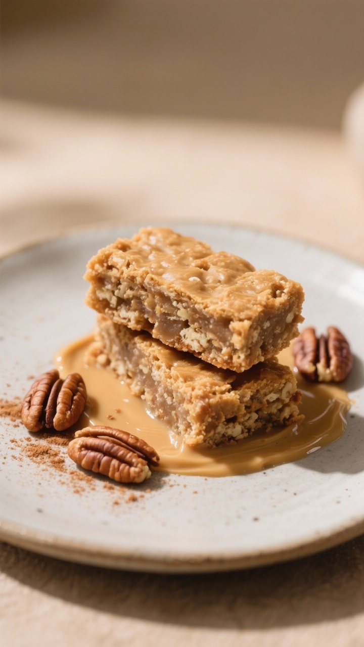Final dish presentation: two bars stacked on a matte ceramic plate with a casual smear of nut butter
