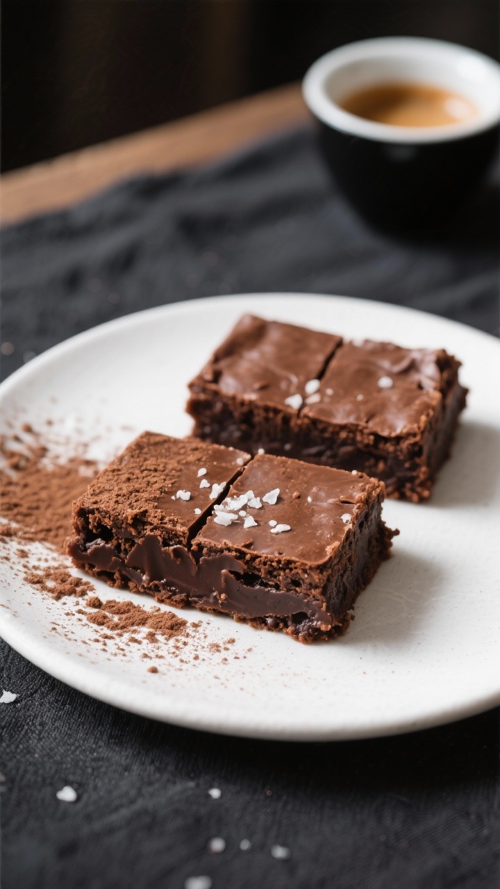 Final dish presentation: Two neat squares of fudgy vegan gluten-free brownies plated on a matte whit