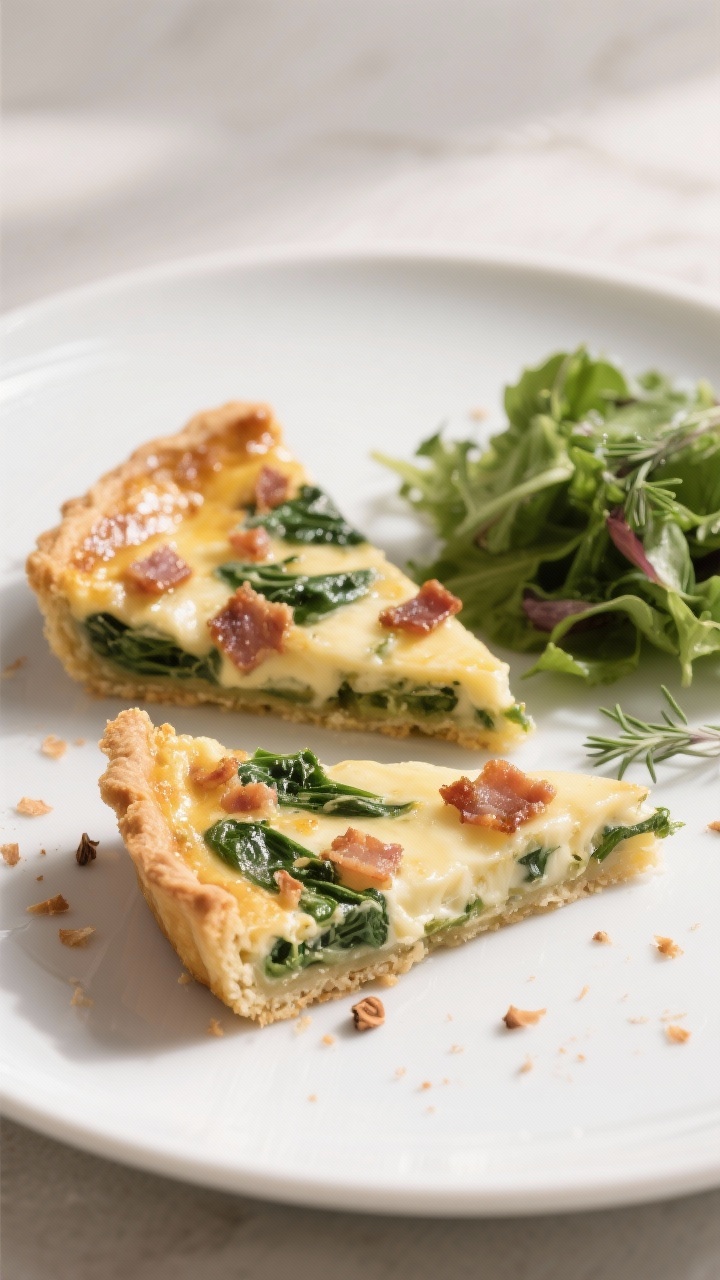 Final dish presentation: Two neatly cut quiche wedges plated on a simple white ceramic plate with a 