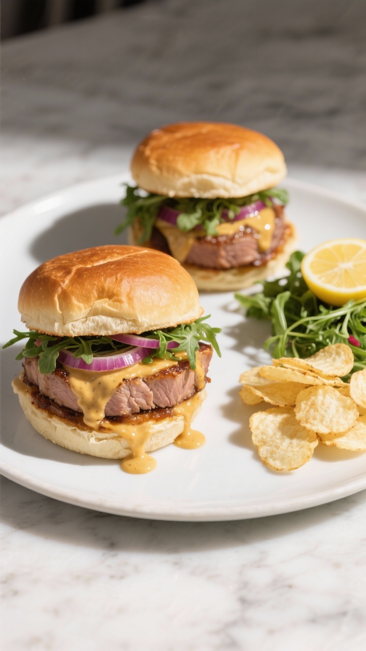 Final dish presentation: Two stacked honey mustard pork tenderloin sandwiches on a matte white plate