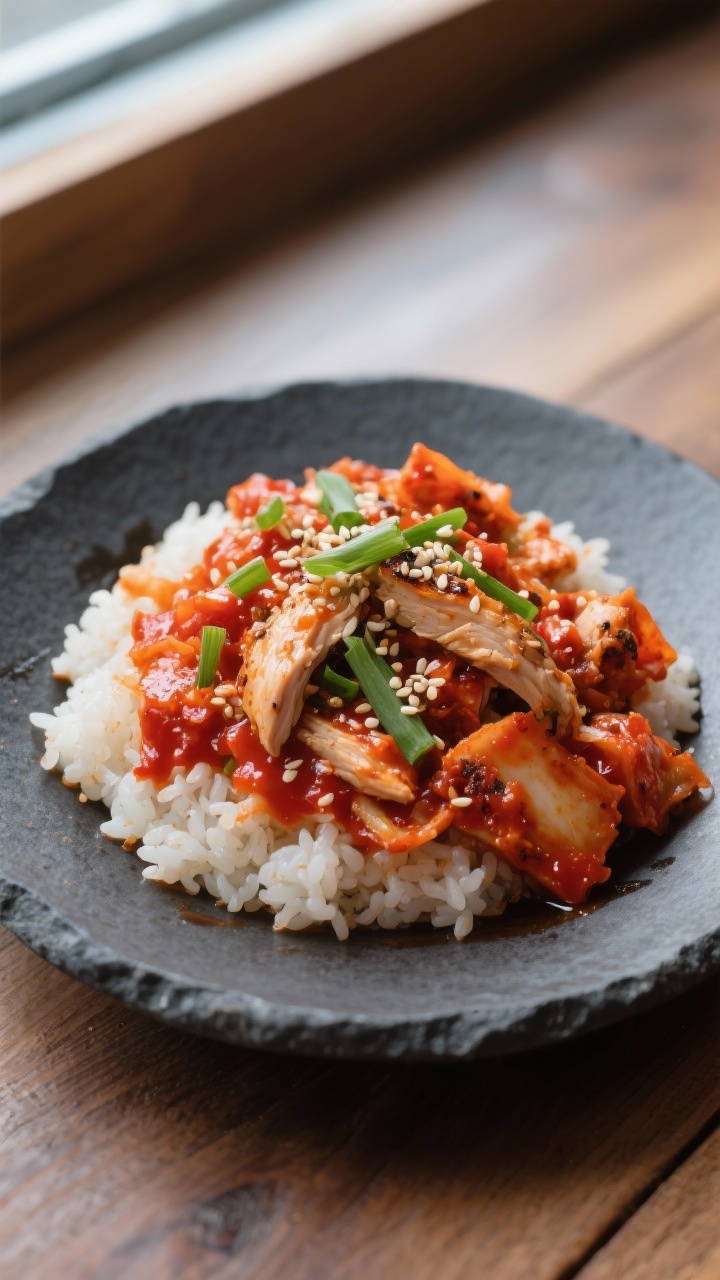 Final dish presentation (variation highlight): Gochujang Power Rice plated shallow and wide, overhea