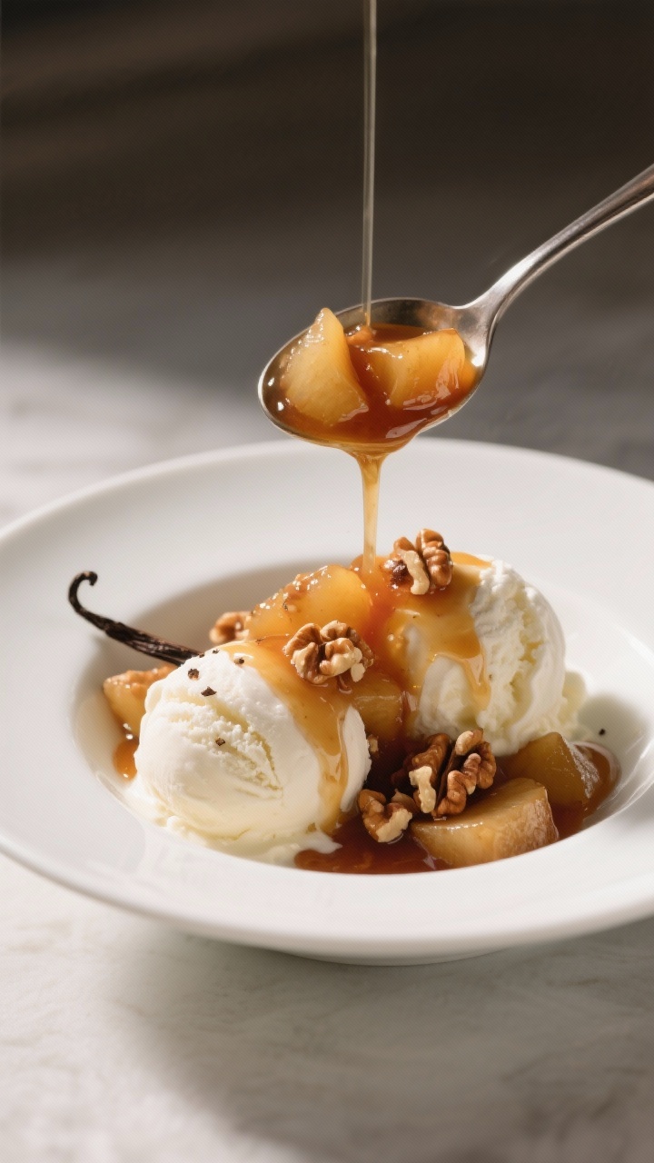 Skillet Apple Compote for Breakfast & Desserts: The 15-Minute Upgrade Your Toast, Pancakes, and Ice Cream Have Been Begging For Final dish presentation — Warm apple compote over vanilla ice cream: elegant bowl with two scoops,