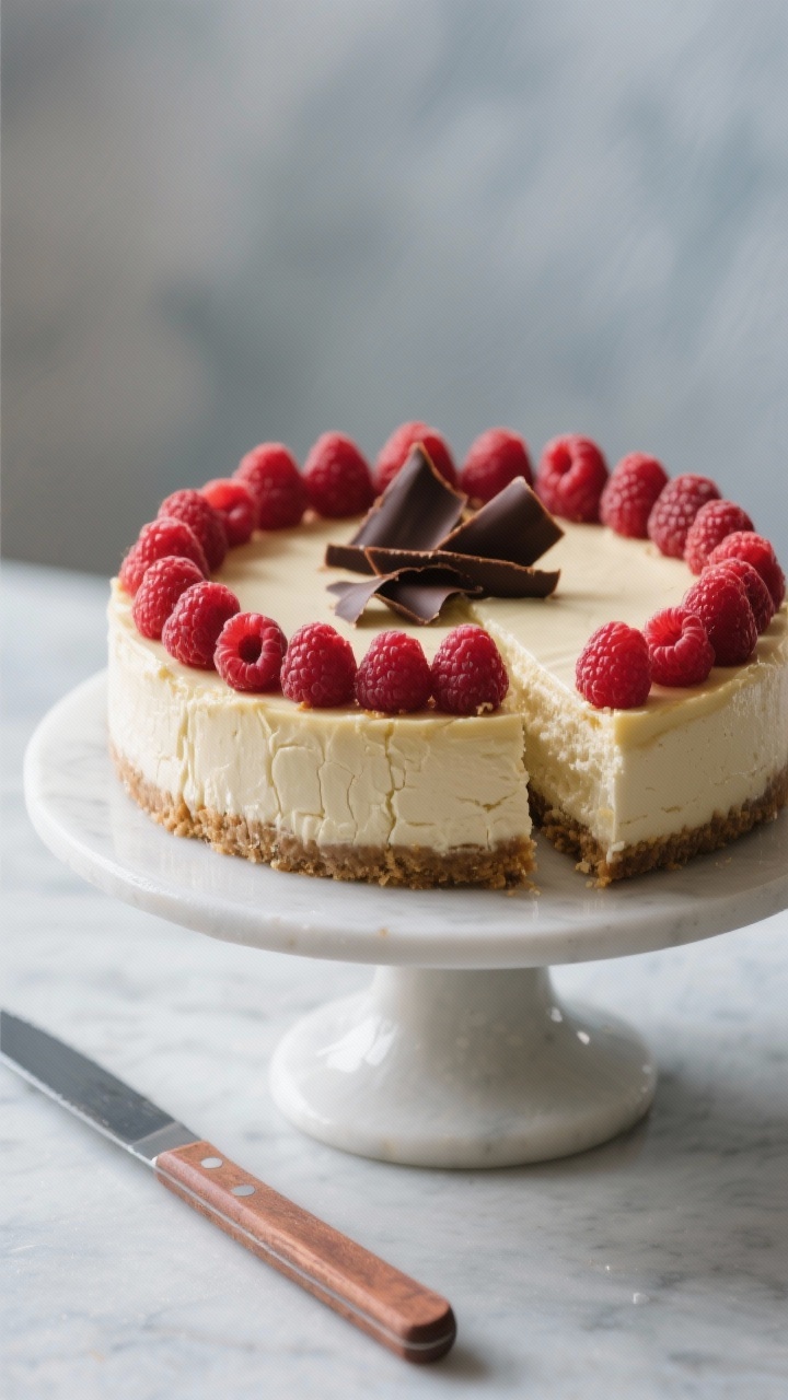 Final dish presentation: Whole chilled keto cheesecake on a cake stand, clean-slicing surface with n