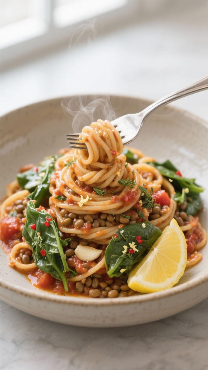 Final dish presentation: Whole-wheat pasta twirled high in a shallow ceramic bowl, coated in the glo