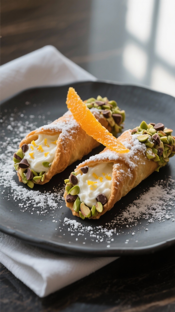 Final dish, restaurant presentation: Two perfectly filled cannoli on a matte charcoal plate, ends di