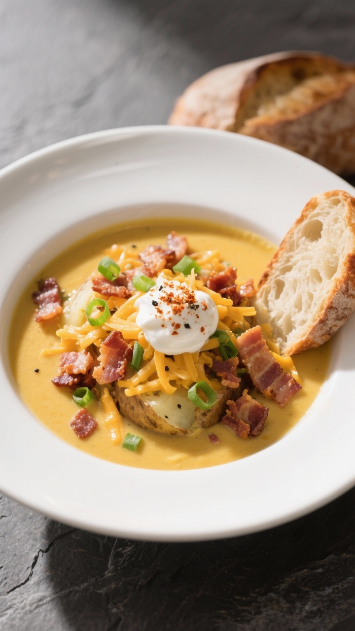 Final dish — restaurant-quality bowl: Beautifully plated loaded baked potato soup in a wide, white