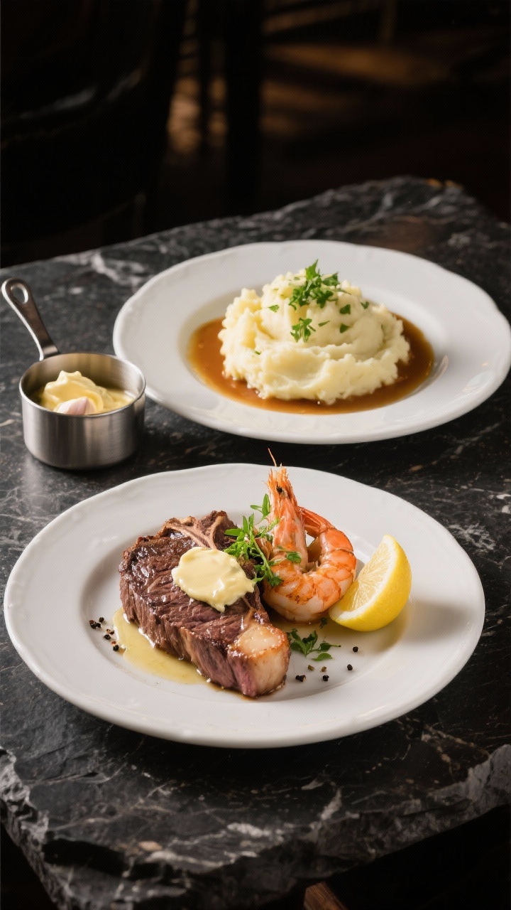 Final dish romance: Elegant dinner-for-two plating on a dark stone tabletop—one plate with ribeye 