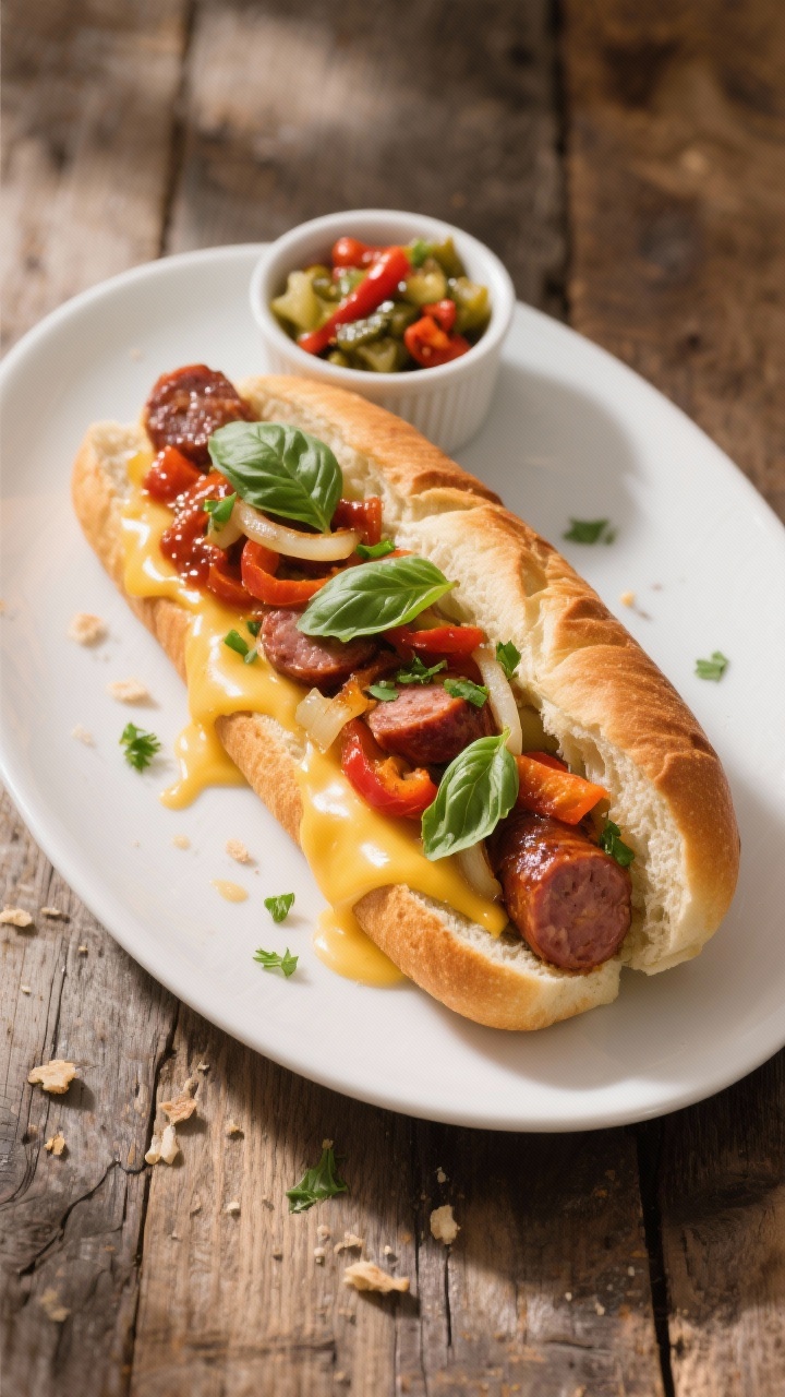 Final dish sandwich presentation: Beautifully plated toasted hoagie roll stuffed with sliced Italian