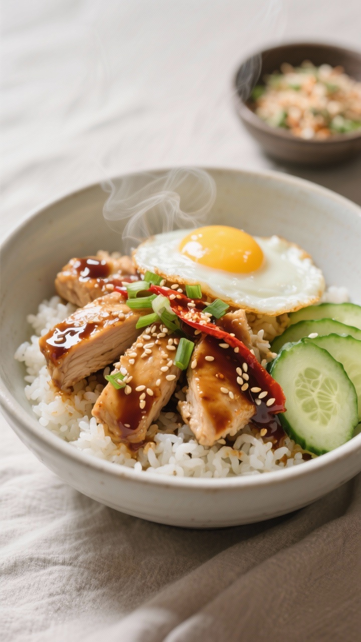 Final dish – Sesame-Ginger bowl restaurant presentation: Three-quarter angle hero shot of a beauti