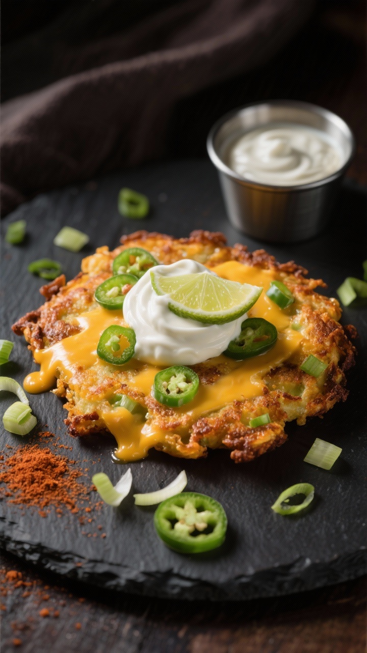 Final dish variation: Cheddar–jalapeño latkes plated restaurant-style, showing melty cheddar pock