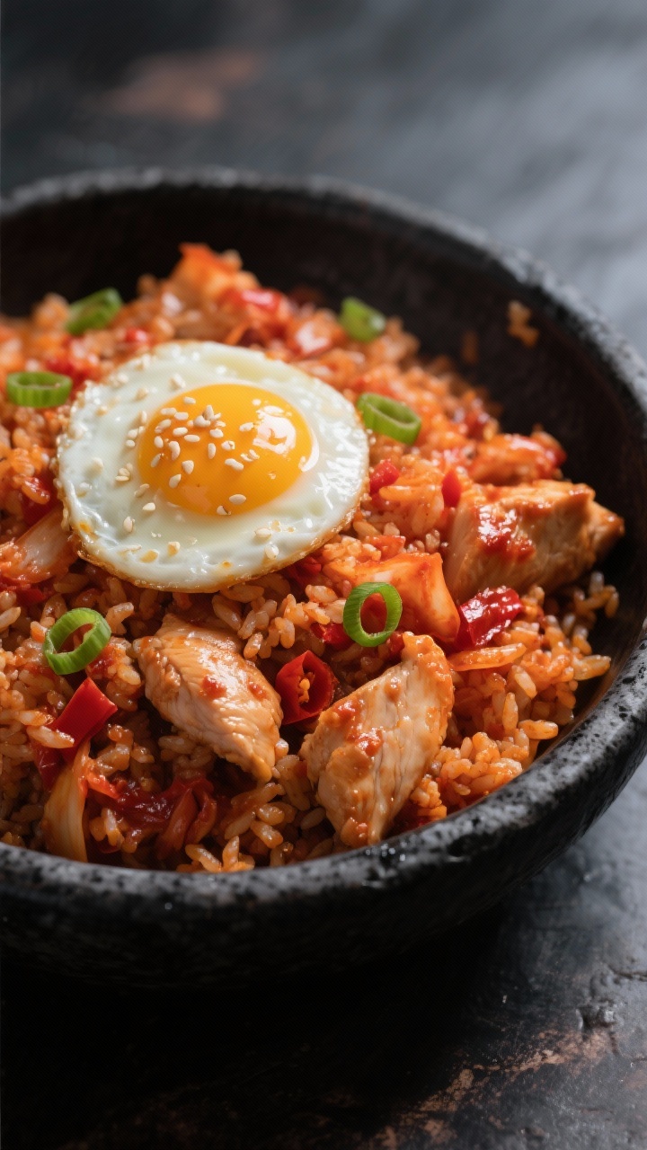 Final dish variation: Kimchi Kick fried rice version plated in a black stoneware bowl, visible chopp