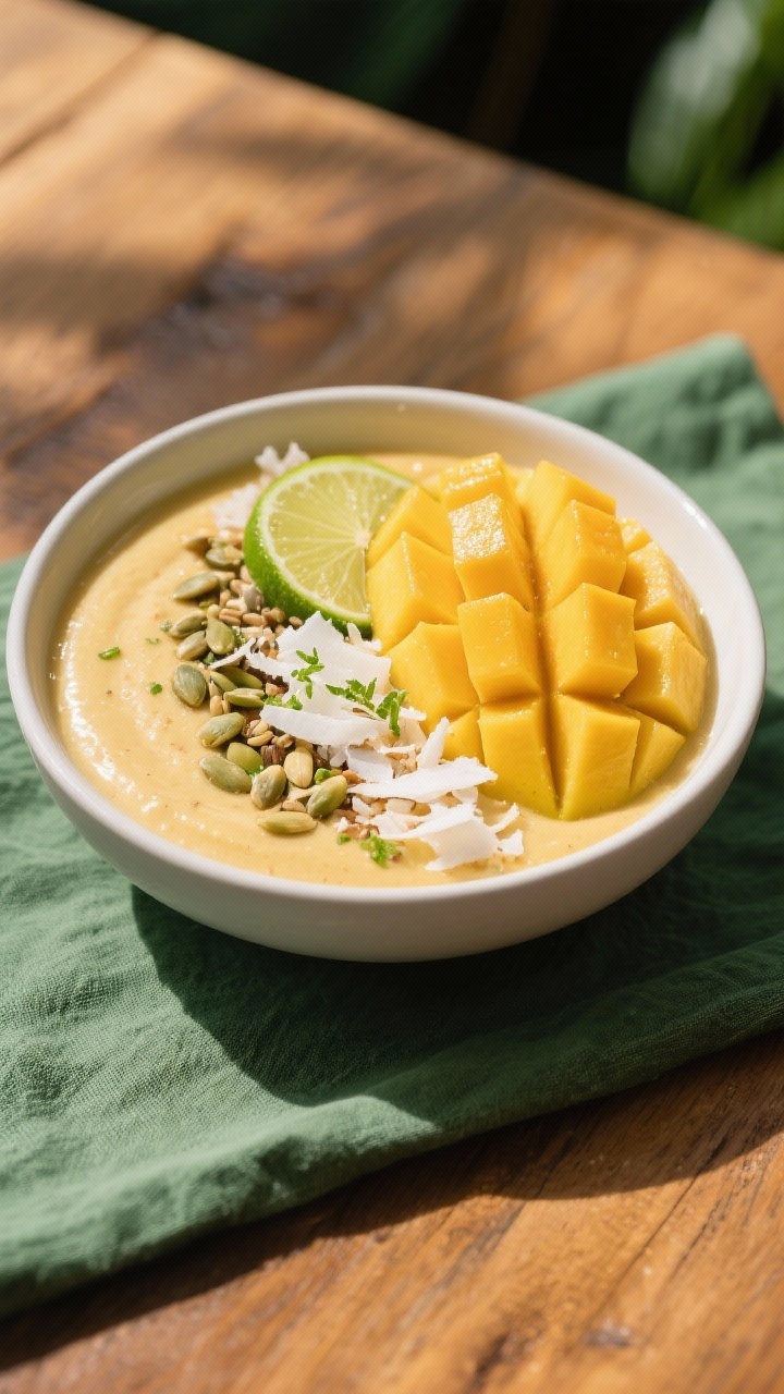 Final dish variation, overhead: “Tropical Vibes” smoothie bowl using coconut milk, pale golden b