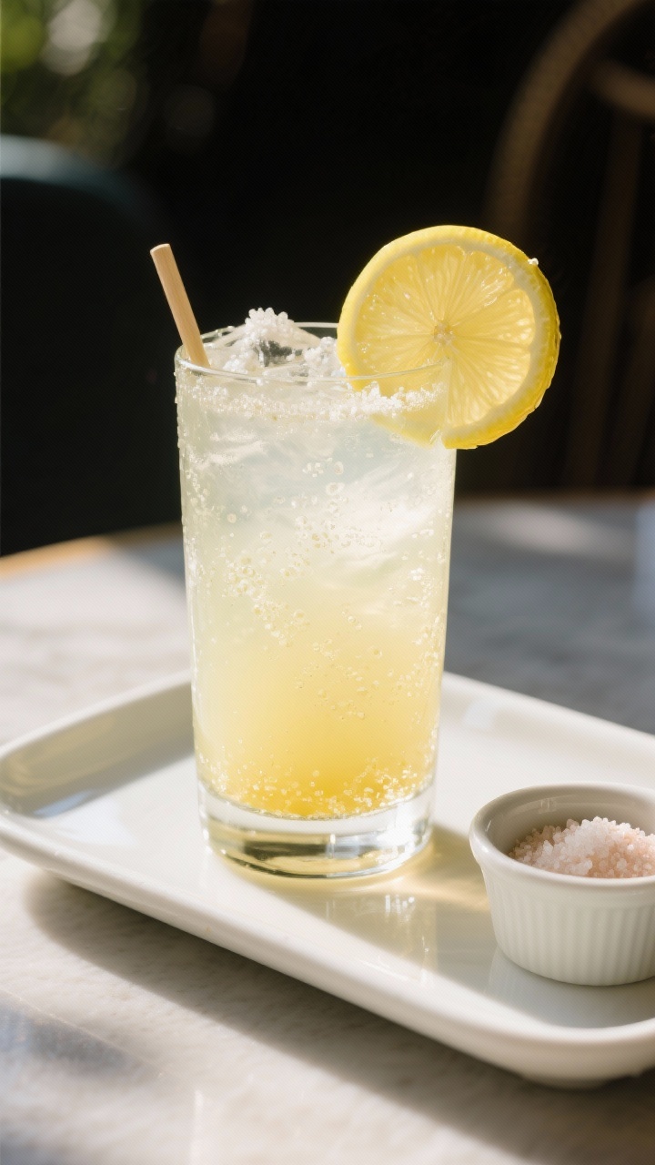 Final drink presentation: Morning Mineral Lemonade served over ice in a clear highball glass, pale l