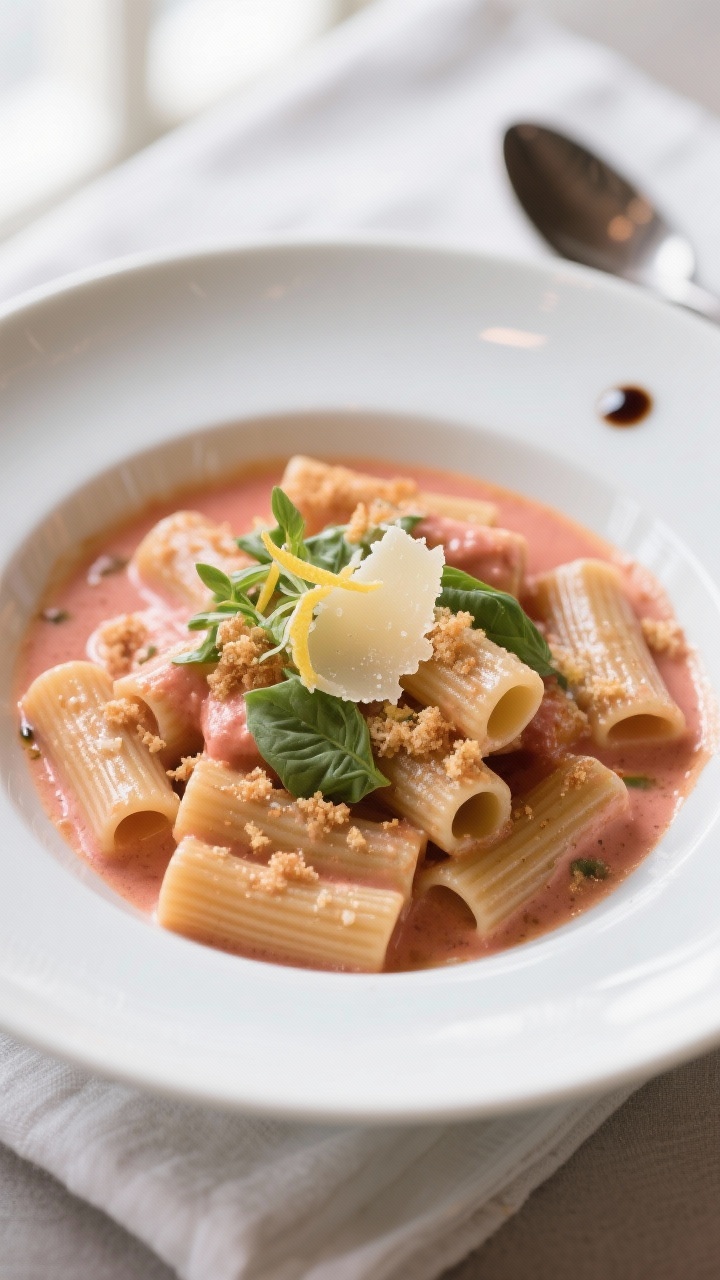 Final plated, : Beautifully plated rigatoni in a creamy tomato rosé sauce on a wide white rimmed bo