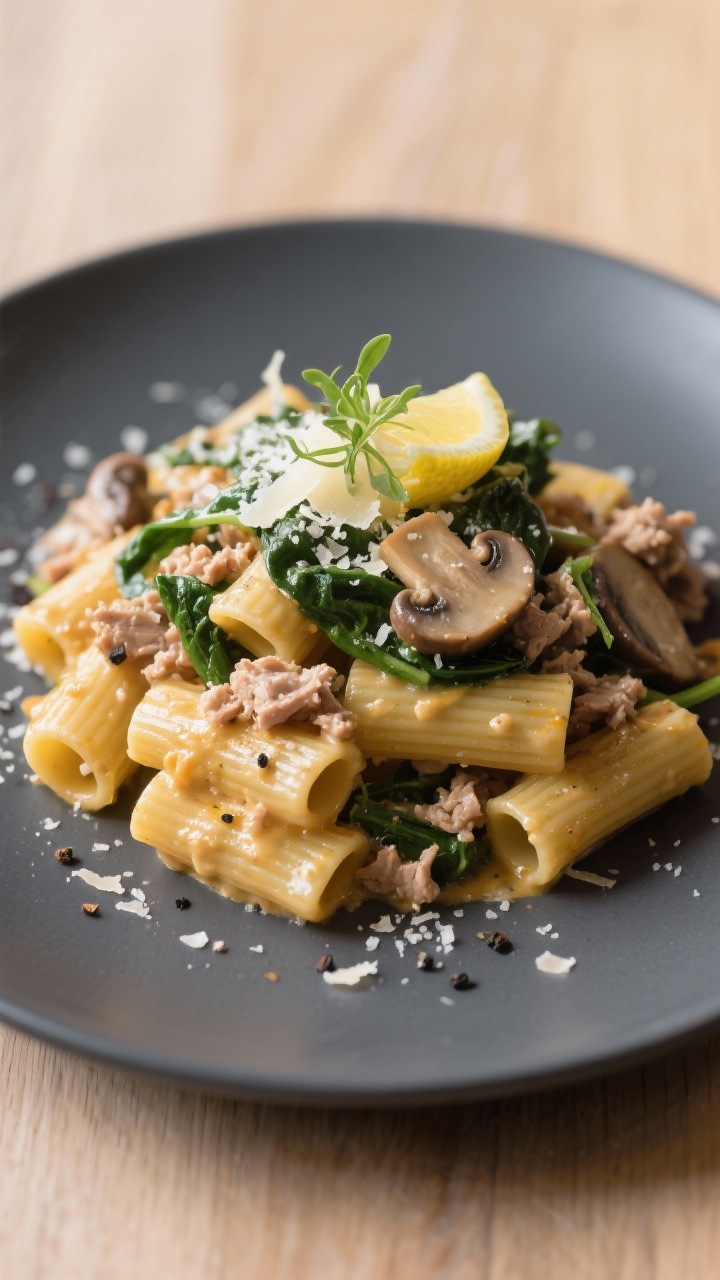Final plated beauty shot: Single-serve portion of rigatoni piled high, sauce clinging to ridges, vis