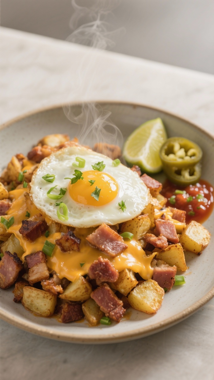 Final plated brunch presentation: Three-quarter angle of a shallow ceramic plate piled with cheesy s