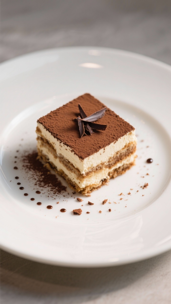 Final plated dessert: Restaurant-quality presentation of a single square of tiramisu on a matte whit