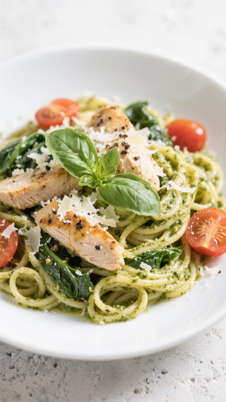 Final plated dish: 15-minute chicken pesto pasta elegantly twirled in a shallow white bowl—al dent