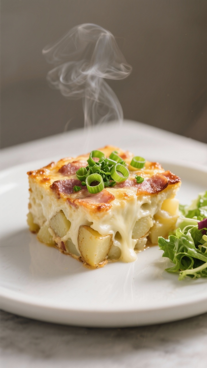 Final plated dish: A neat square of bacon potato casserole served on a matte white plate, showing cr