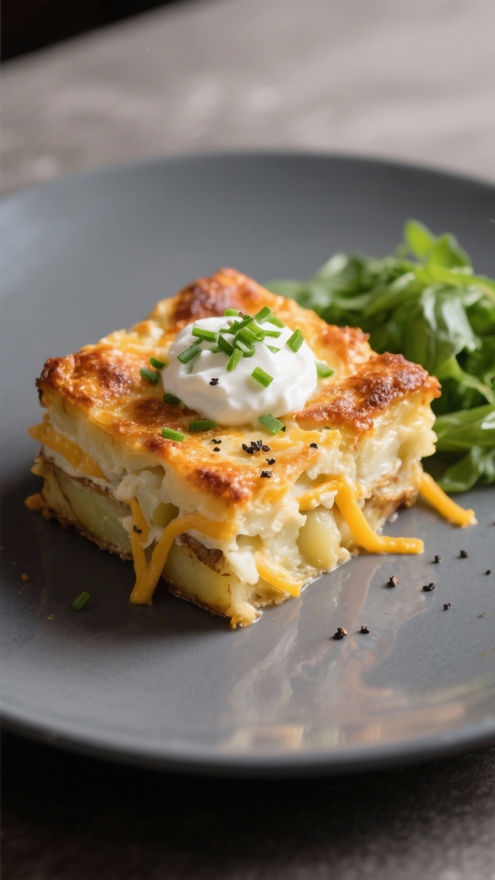 Final plated dish: A restaurant-quality serving of Twice Baked Potatoes Casserole on a matte slate-g