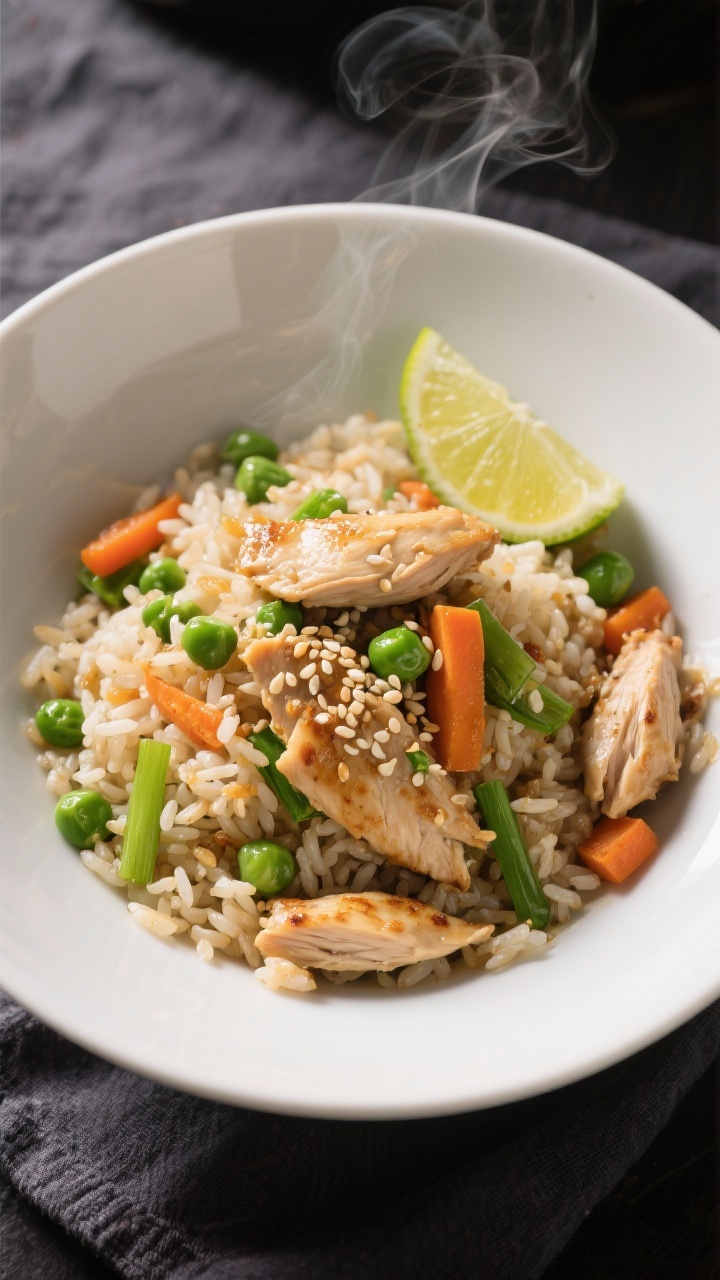 Final plated dish, : Beautifully plated leftover chicken rice skillet on a wide white ceramic bowl; 