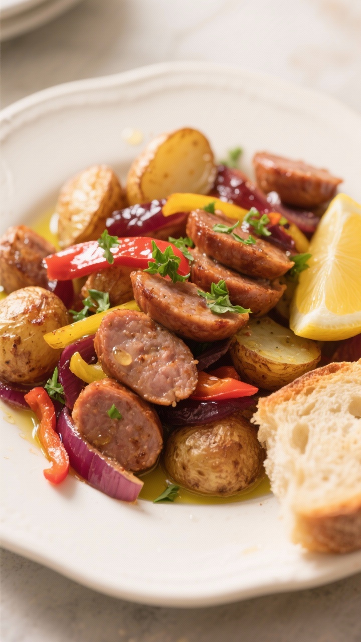 Final plated dish, : Beautifully plated Sweet Italian Sausage and Potato Sheet Pan Dinner on a warm 