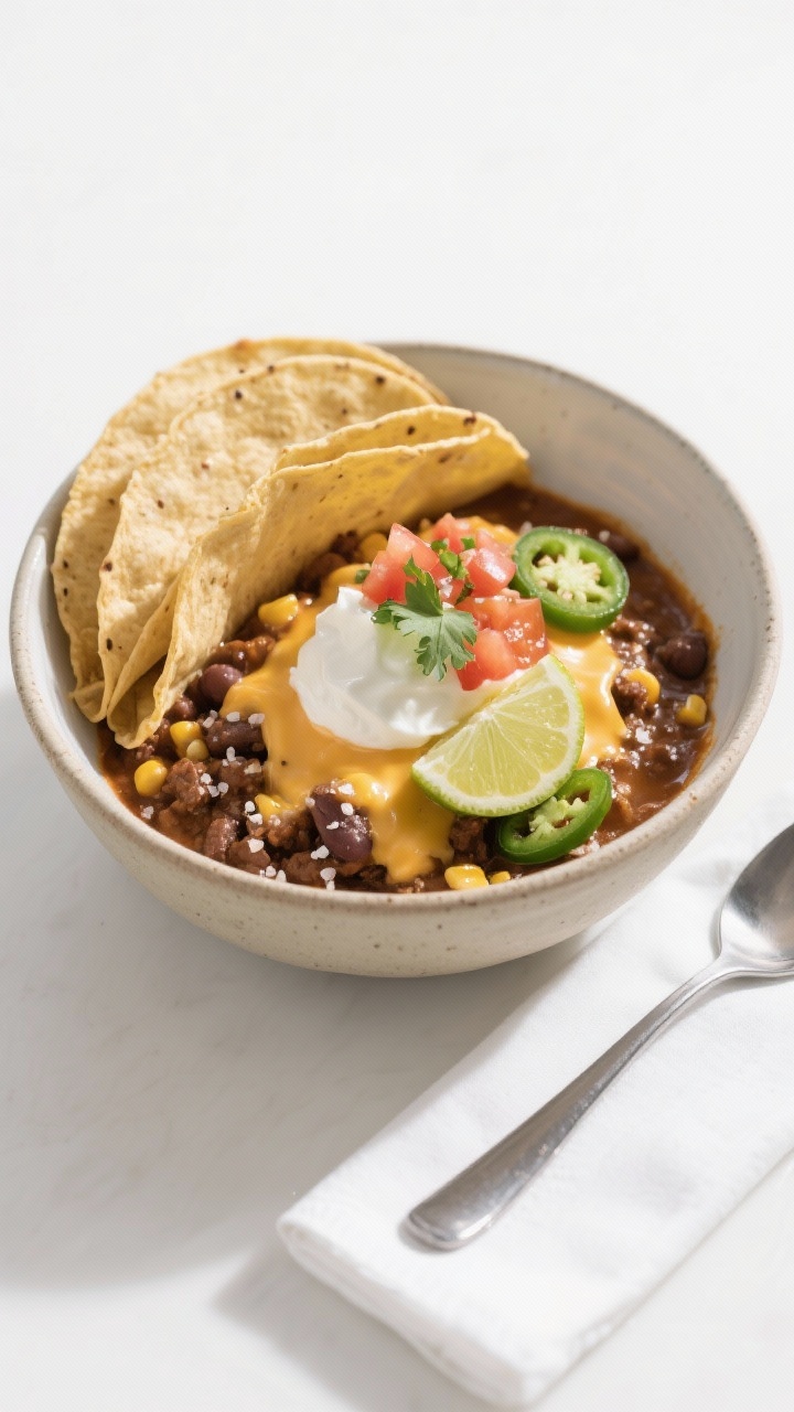 Final plated dish – Bowl presentation, taco-vibes plating: Three-quarter angle of a single serving