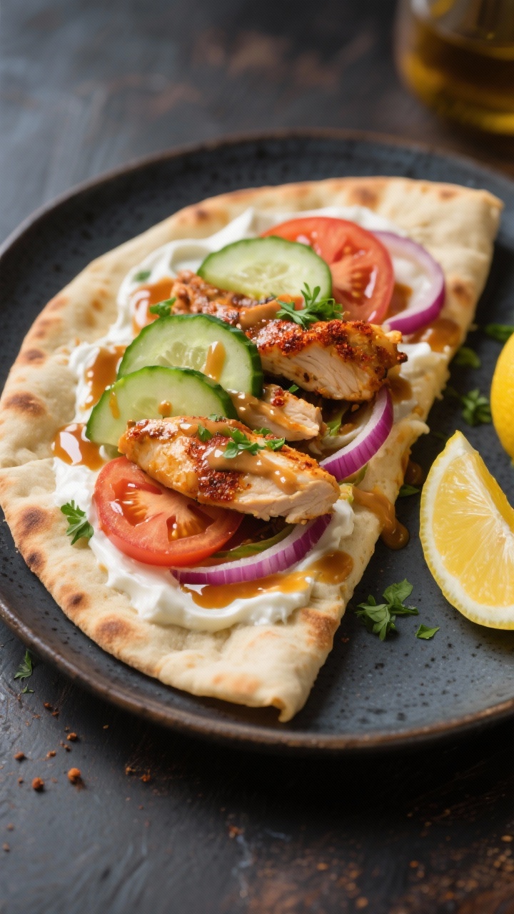 Final plated dish: Chicken shawarma-style flatbread — warm naan spread with silky salted yogurt, l