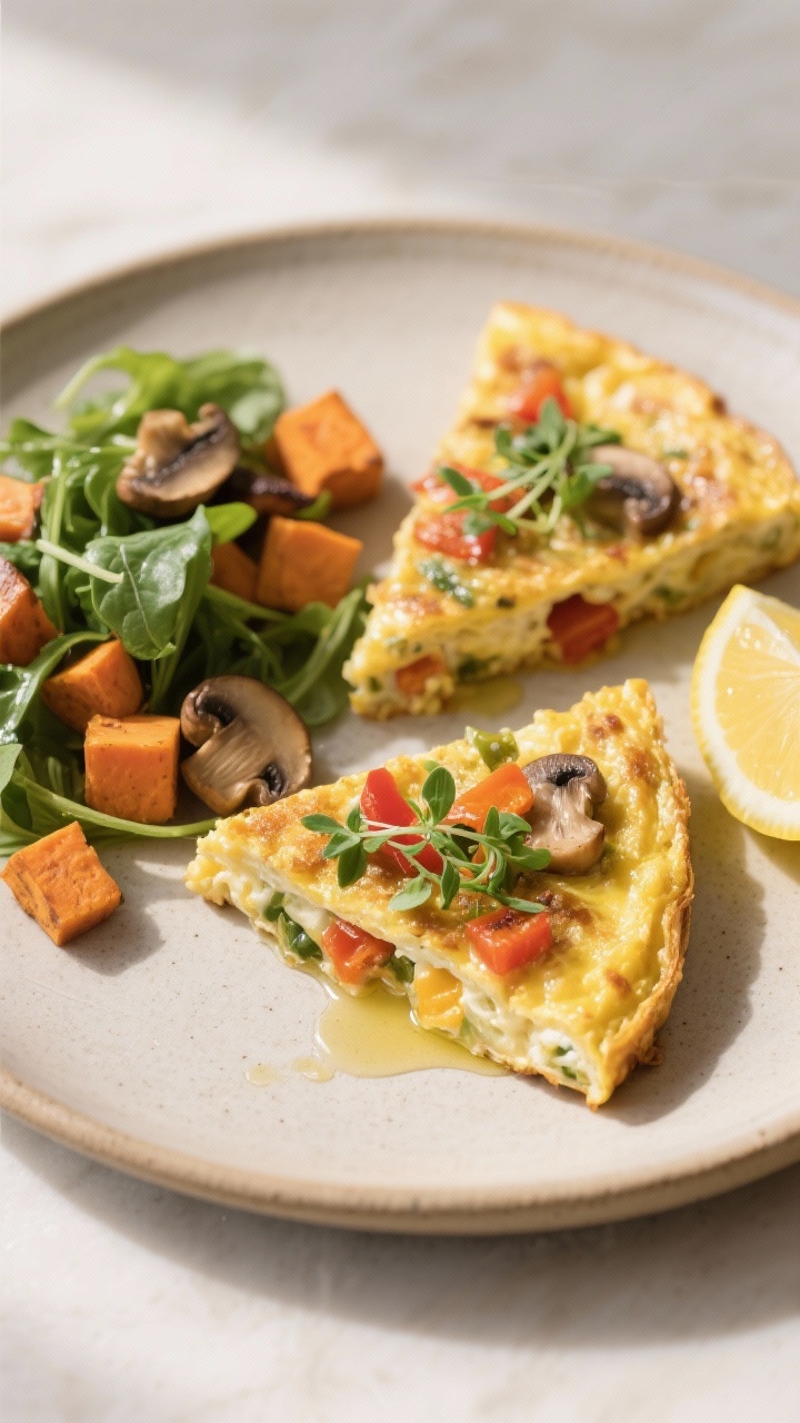 Veggie Packed Frittata with Roasted Leftover Vegetables: The Zero-Waste Brunch Hack Your Fridge Has Been Begging For Final plated dish: Elegant brunch presentation of two frittata wedges on a neutral ceramic plate wit