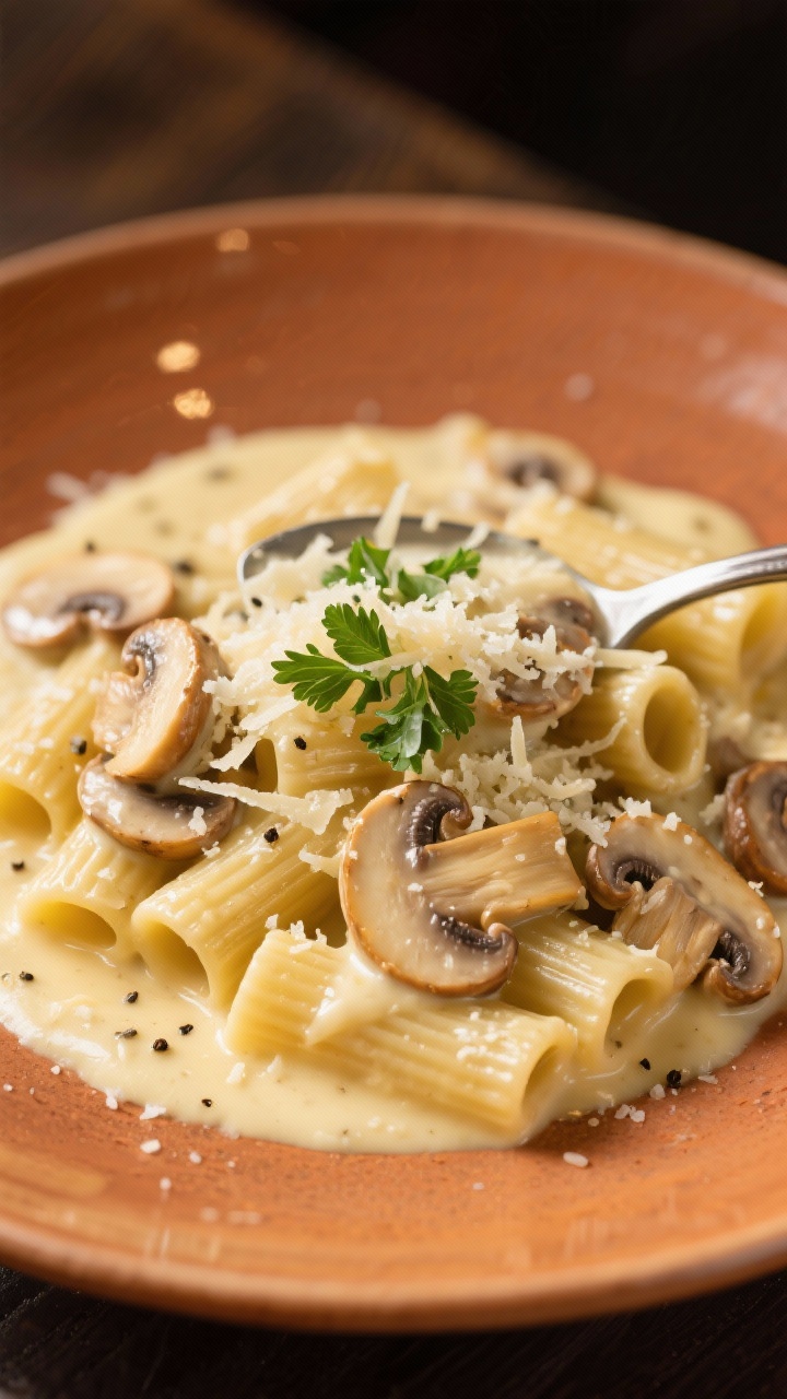 Final plated dish: Mushroom Garlic Alfredo spooned over ridged rigatoni on a warm-toned ceramic plat