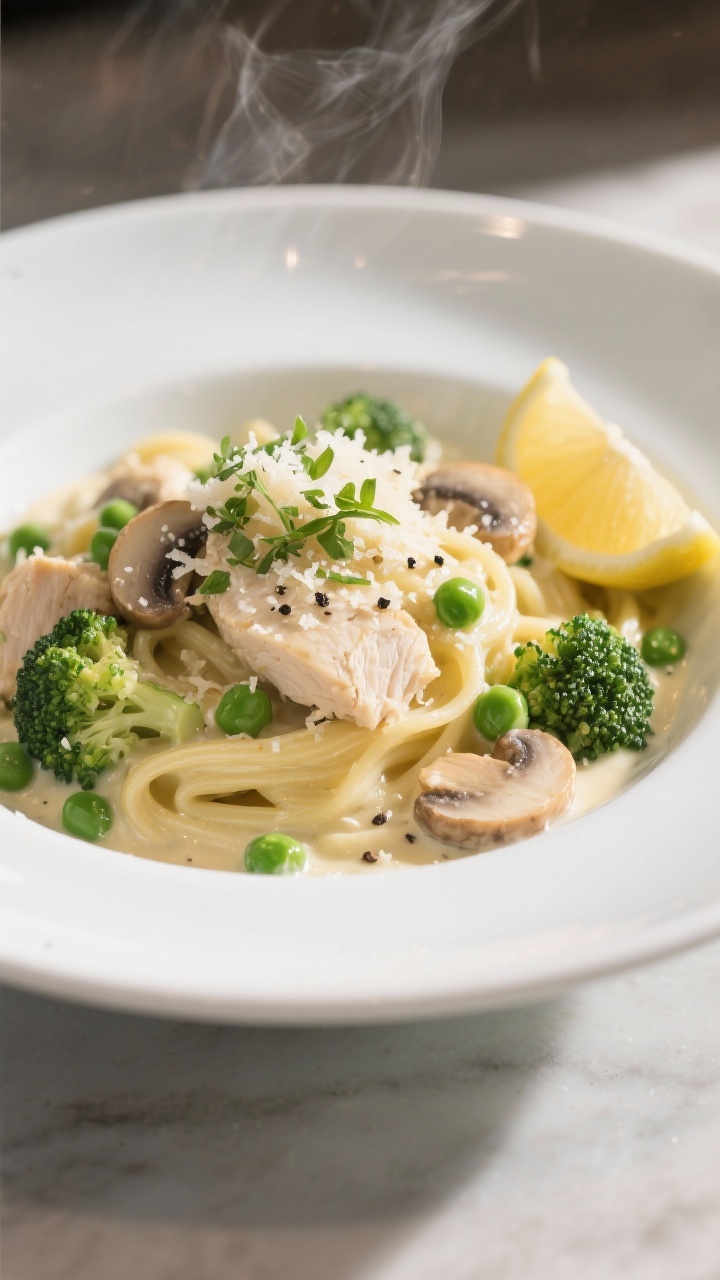 Final plated dish, restaurant-quality: Beautifully plated creamy Alfredo remix on a wide white ceram