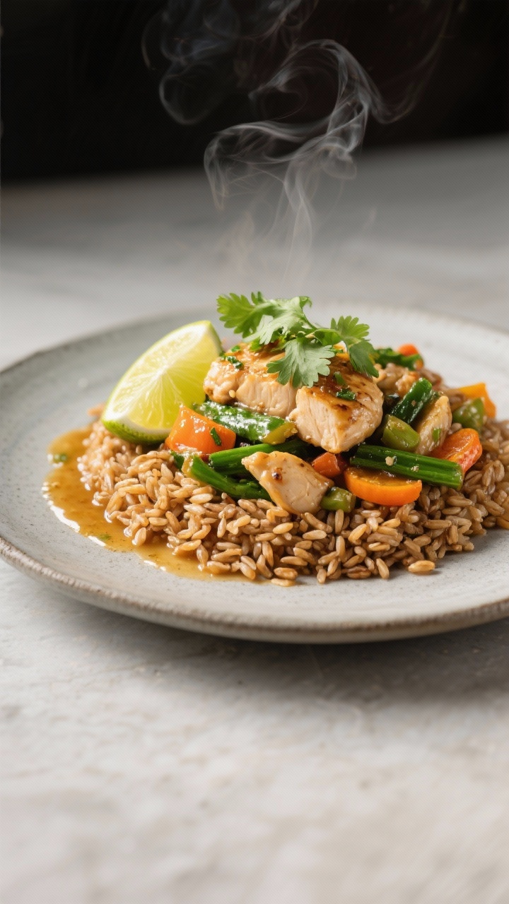 Final plated dish: Restaurant-quality Ginger-Lime Chicken & Veggie Skillet served over a neat mound 