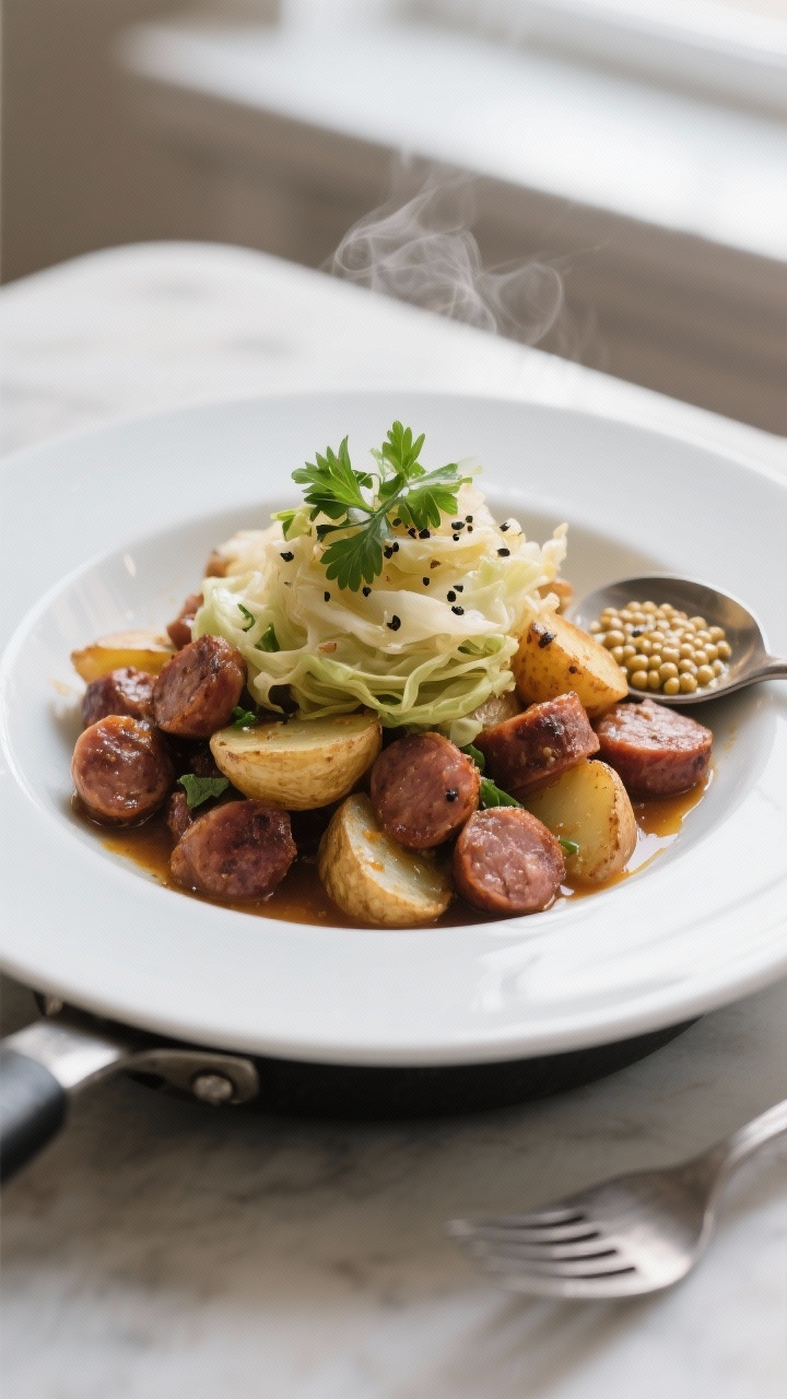 Final plated dish — Restaurant-quality presentation: A generous serving of the skillet plated in a