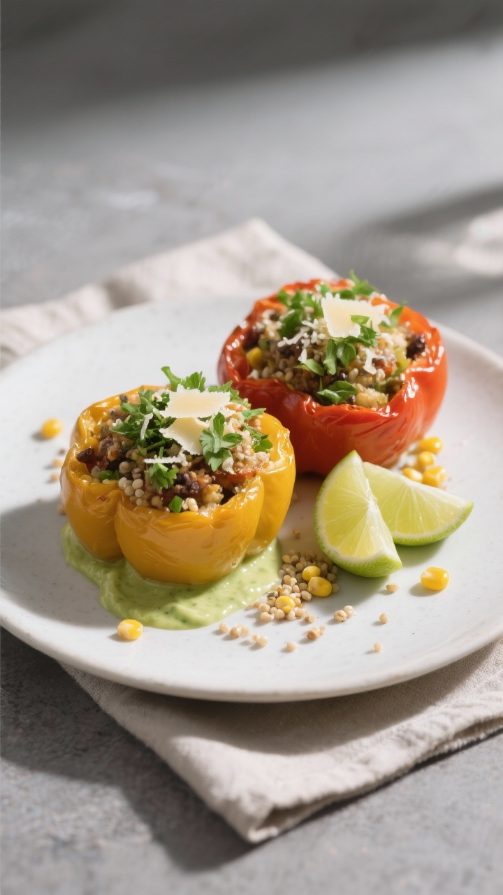 Final plated dish: Restaurant-quality presentation of two stuffed bell peppers on a matte white plat