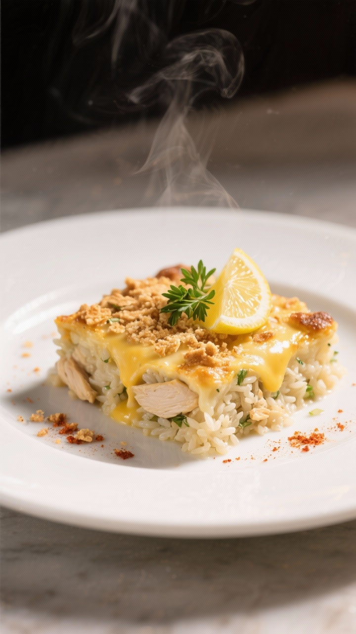 Final plated dish: Restaurant-quality presentation of a neatly scooped square of chicken rice casser