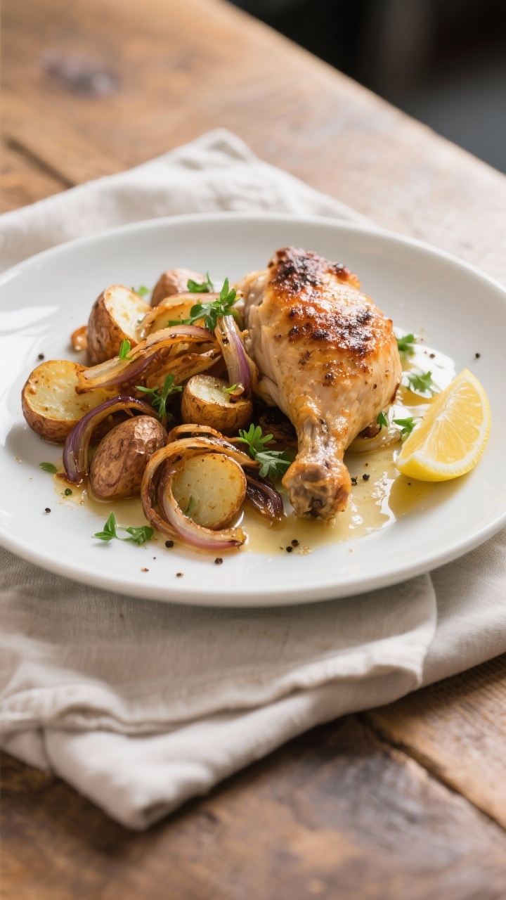 Final plated dish: Restaurant-quality presentation of sheet-pan chicken and potatoes on a matte whit